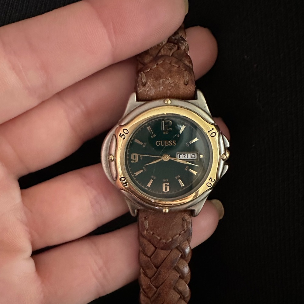 Vintage 1995 Guess Gold and Silver Watch with Braided Leather Strap
